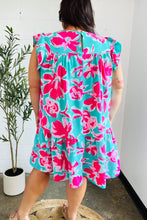 Load image into Gallery viewer, Diva Dreaming Aqua &amp; Fuchsia Floral Print Tiered Ruffle Sleeve Dress
