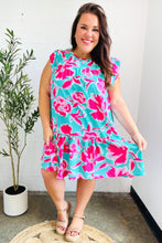 Load image into Gallery viewer, Diva Dreaming Aqua &amp; Fuchsia Floral Print Tiered Ruffle Sleeve Dress
