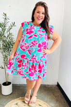 Load image into Gallery viewer, Diva Dreaming Aqua &amp; Fuchsia Floral Print Tiered Ruffle Sleeve Dress
