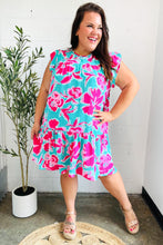 Load image into Gallery viewer, Diva Dreaming Aqua &amp; Fuchsia Floral Print Tiered Ruffle Sleeve Dress
