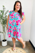 Load image into Gallery viewer, Diva Dreaming Aqua &amp; Fuchsia Floral Print Tiered Ruffle Sleeve Dress
