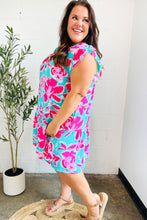 Load image into Gallery viewer, Diva Dreaming Aqua &amp; Fuchsia Floral Print Tiered Ruffle Sleeve Dress
