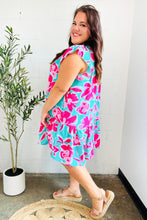 Load image into Gallery viewer, Diva Dreaming Aqua &amp; Fuchsia Floral Print Tiered Ruffle Sleeve Dress
