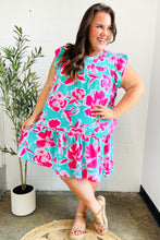 Load image into Gallery viewer, Diva Dreaming Aqua &amp; Fuchsia Floral Print Tiered Ruffle Sleeve Dress
