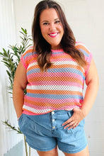 Load image into Gallery viewer, Pretty In Pink &amp; Blue Striped Netted Crochet Dolman Sweater Top
