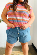 Load image into Gallery viewer, Pretty In Pink &amp; Blue Striped Netted Crochet Dolman Sweater Top
