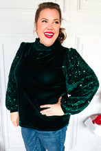 Load image into Gallery viewer, Under the Lights Green Velvet &amp; Sequin Frill Mock Neck Top
