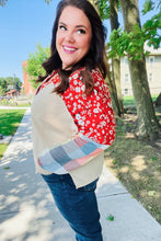 Load image into Gallery viewer, Feeling Femme Oatmeal Plaid Floral Color Block Notch Neck Top
