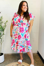 Load image into Gallery viewer, Hello Beautiful Ivory &amp; Fuchsia Floral Sequin Smock Waist Midi Dress
