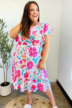 Load image into Gallery viewer, Hello Beautiful Ivory &amp; Fuchsia Floral Sequin Smock Waist Midi Dress
