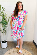 Load image into Gallery viewer, Hello Beautiful Ivory &amp; Fuchsia Floral Sequin Smock Waist Midi Dress
