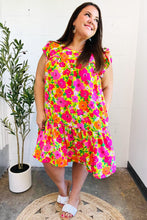 Load image into Gallery viewer, Be Charming Lime &amp; Pink Floral Print Tiered Ruffle Sleeve Dress
