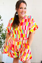 Load image into Gallery viewer, Eyes On You Coral &amp; Yellow Geo Abstract Surplice Woven Romper
