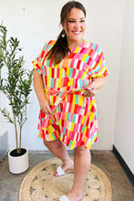 Load image into Gallery viewer, Eyes On You Coral &amp; Yellow Geo Abstract Surplice Woven Romper
