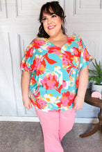 Load image into Gallery viewer, Weekend Ready Aqua &amp; Coral Floral V Neck Woven Top
