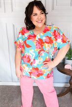 Load image into Gallery viewer, Weekend Ready Aqua &amp; Coral Floral V Neck Woven Top
