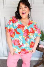 Load image into Gallery viewer, Weekend Ready Aqua &amp; Coral Floral V Neck Woven Top
