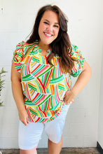 Load image into Gallery viewer, Hello Beautiful Green &amp; Orange Geo Frill Notch Neck Puff Sleeve Top
