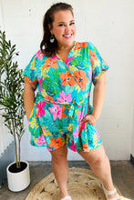 Load image into Gallery viewer, Tropical Vibes Turquoise Floral Surplice Tie Waist Romper
