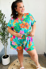 Load image into Gallery viewer, Tropical Vibes Turquoise Floral Surplice Tie Waist Romper
