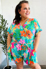 Load image into Gallery viewer, Tropical Vibes Turquoise Floral Surplice Tie Waist Romper
