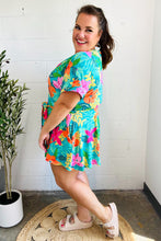 Load image into Gallery viewer, Tropical Vibes Turquoise Floral Surplice Tie Waist Romper
