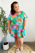 Load image into Gallery viewer, Tropical Vibes Turquoise Floral Surplice Tie Waist Romper
