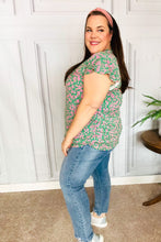 Load image into Gallery viewer, Dreamy Green &amp; Pink Floral Yoke Ruffle Short Sleeve Top
