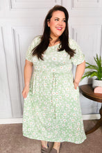 Load image into Gallery viewer, Sunny Days Sage Floral Print Fit &amp; Flare Sash Belt V Neck Dress
