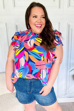 Load image into Gallery viewer, Tropical Vibes Blue &amp; Pink Mock Neck Flutter Sleeve Top
