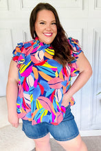 Load image into Gallery viewer, Tropical Vibes Blue &amp; Pink Mock Neck Flutter Sleeve Top
