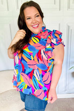 Load image into Gallery viewer, Tropical Vibes Blue &amp; Pink Mock Neck Flutter Sleeve Top
