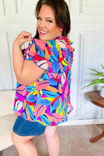 Load image into Gallery viewer, Tropical Vibes Blue &amp; Pink Mock Neck Flutter Sleeve Top
