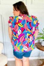 Load image into Gallery viewer, Tropical Vibes Blue &amp; Pink Mock Neck Flutter Sleeve Top
