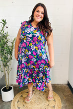 Load image into Gallery viewer, Diva Dreams Navy &amp; Lilac Floral Fit &amp; Flare Midi Dress
