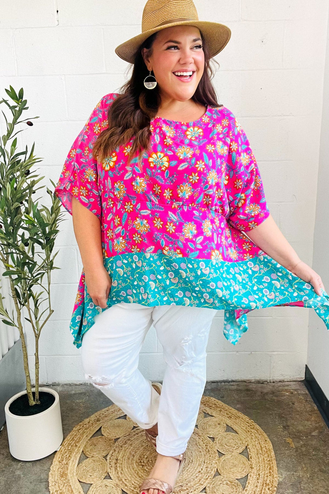 Vacay Ready Fuchsia Paisley Floral Dolman Sleeve Shark Bite Top