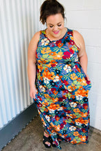 Load image into Gallery viewer, Teal &amp; Maroon Flat Floral  Fit and Flare Sleeveless Maxi Dress
