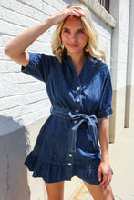 Load image into Gallery viewer, Put Together In Cotton Denim Button Down Belted Ruffle Mini Dress
