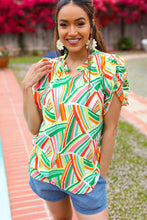 Load image into Gallery viewer, Hello Beautiful Green &amp; Orange Geo Frill Notch Neck Puff Sleeve Top
