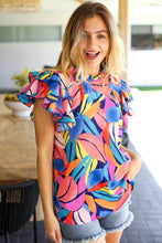 Load image into Gallery viewer, Tropical Vibes Blue &amp; Pink Mock Neck Flutter Sleeve Top
