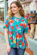 Load image into Gallery viewer, Take Me Away Teal Floral Drop Shoulder Babydoll Top
