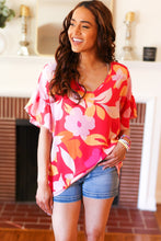 Load image into Gallery viewer, Tropical Vibes Peach Floral Dolman Ruffle Frill Sleeve Blouse
