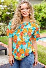 Load image into Gallery viewer, Vacay Ready Blue &amp; Orange Floral Frill Mock Neck Top
