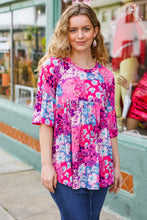 Load image into Gallery viewer, Diva Pink &amp; Blue Floral Print Babydoll Bell Sleeve Top
