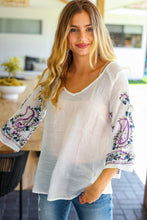 Load image into Gallery viewer, Be Your Best Purple &amp; Blue Floral Paisley Embroidered Sleeve Top
