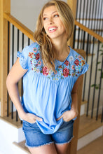 Load image into Gallery viewer, Feeling Femme&#39; Sky Blue Floral Embroidered Yoke Ruffle Sleeve Top
