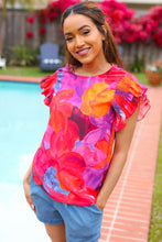 Load image into Gallery viewer, Look of Love Red &amp; Fuchsia Floral Smocked Ruffle Frill Sleeve Top
