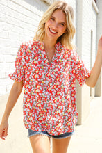 Load image into Gallery viewer, Elegant You Ruby Notched Neck Floral Smocked Sleeve Blouse
