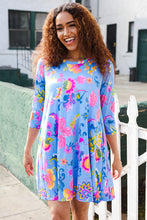 Load image into Gallery viewer, Chasing Dreams Blue Floral Print Three-Quarter Sleeve Frock Dress
