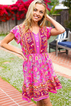 Load image into Gallery viewer, Find Romance Fuchsia Boho Floral Button V Neck Ruffle Dress
